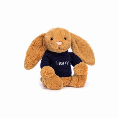 Jellycat Bashful Golden Bunny with Navy Jumper USA | 57164HCNT